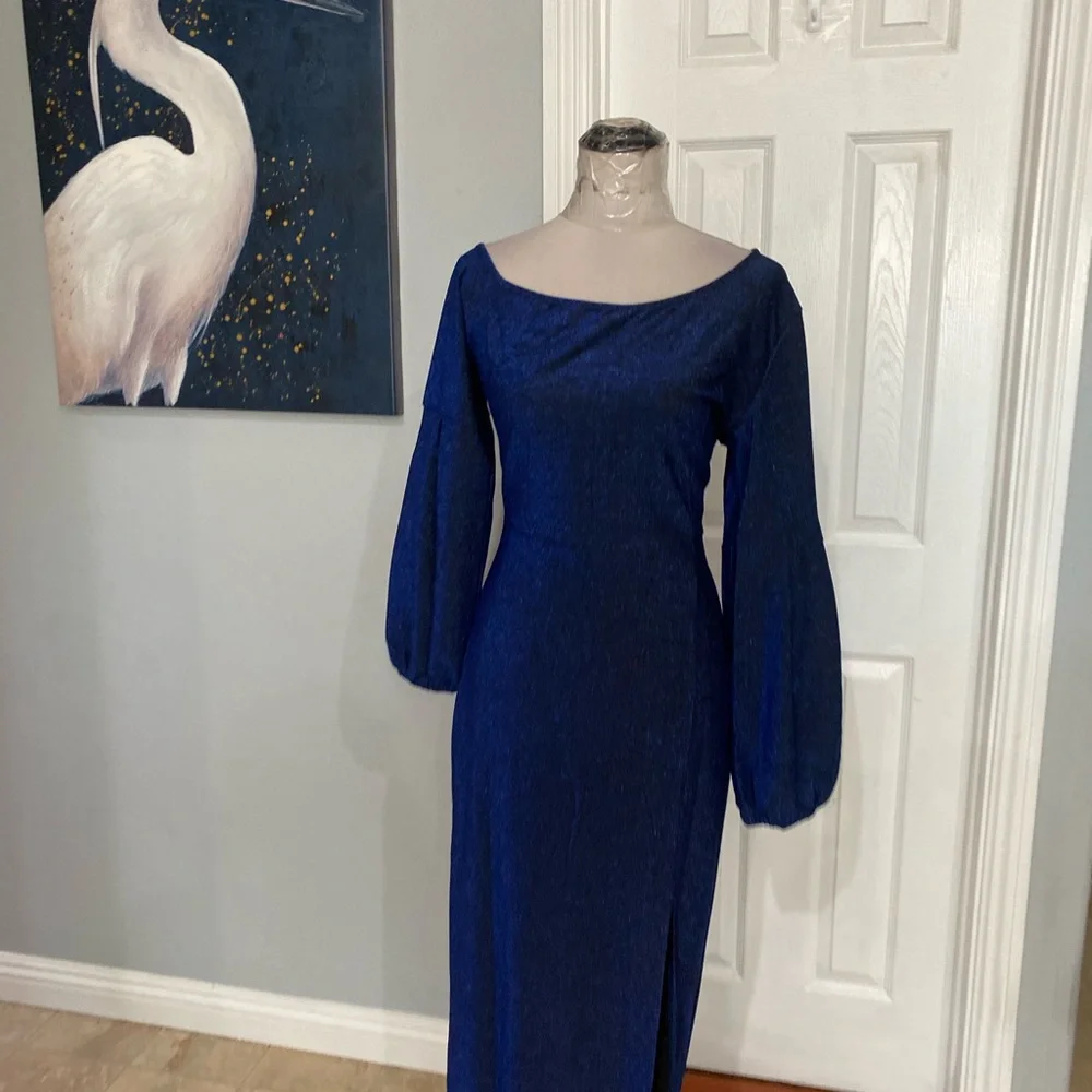 Women Large Dark blue, floor-length evening gown, balloon Sleeve - Picture 5 of 9